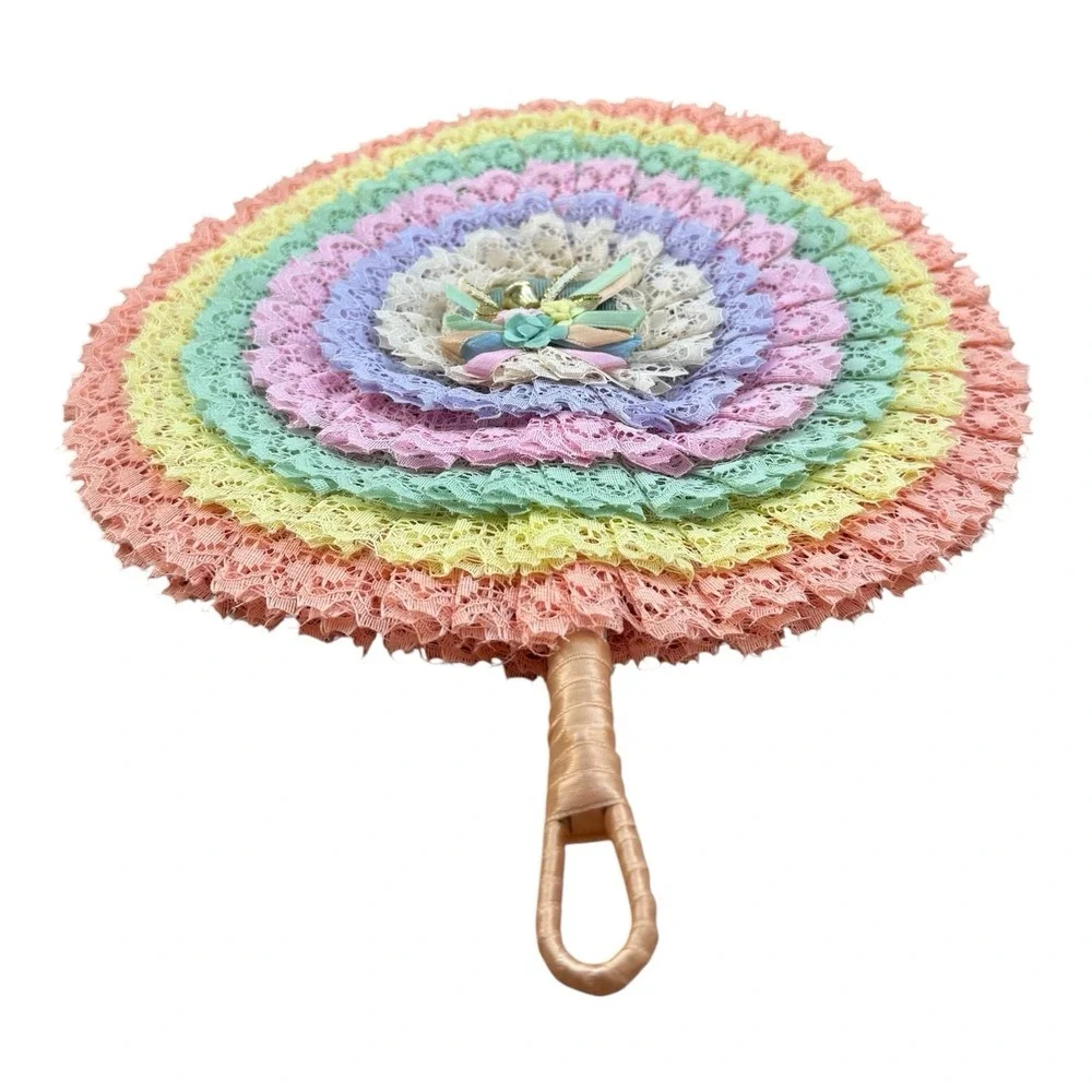Pastel Rainbow Lace Ruffle Hand Fan Woven Straw Floral Decorative Cottagecore
